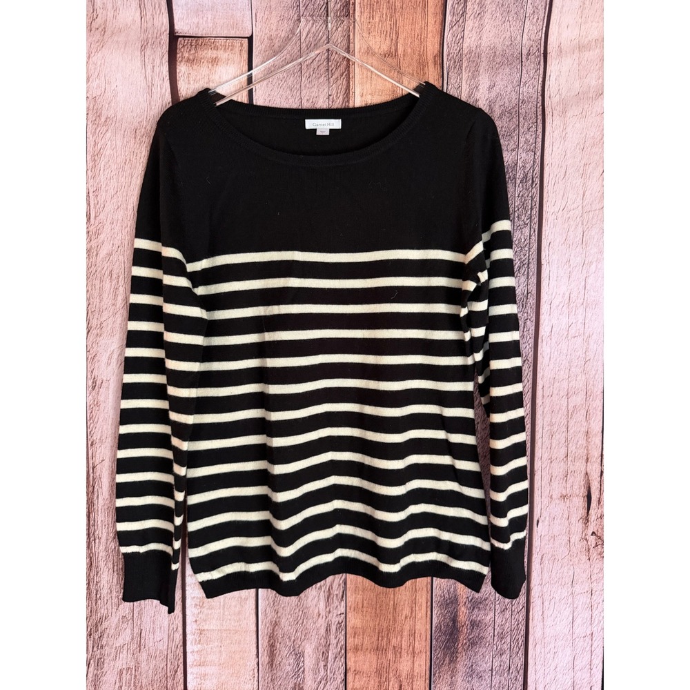 Garnet Hill Merino Wool Breton Stripe Sweater Coastal Classic Black Ivory Large